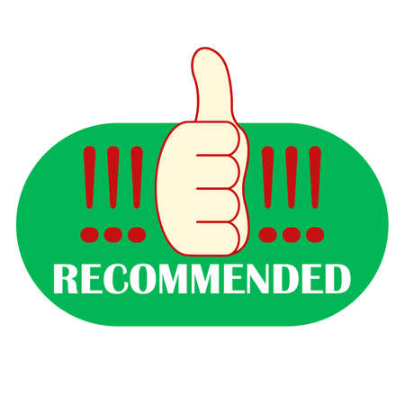 Recommended banner, icon with thumb up and exclamation points. Red and green color. Vector illustration.のイラスト素材