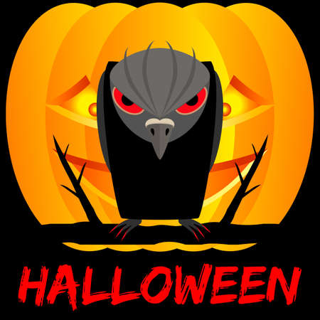 Halloween with raven and pumpkin on black background. Spooky and scary vector illustration.のイラスト素材