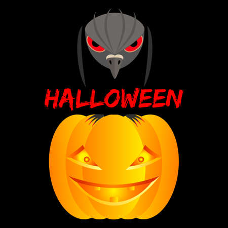 Halloween with raven and pumpkin on black background. Spooky and scary vector illustration.のイラスト素材