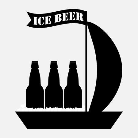 Bottles of beer with ice cubes on a sailing boat with a long flag, banner and sail. Vector illustration. Black silhouette.のイラスト素材