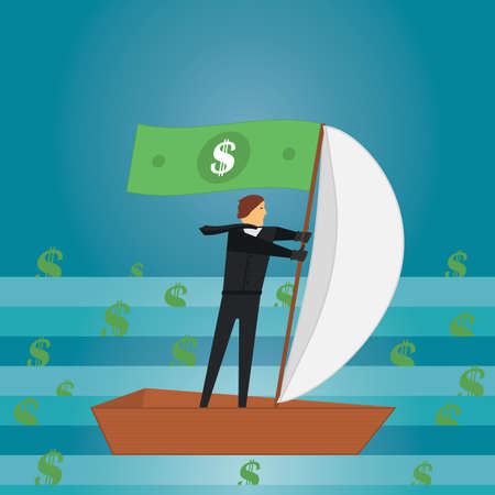 The concept of successful management, determination and profit. Businessman floating a boat with inflated sail in the sea out of money. Paper dollar flag on mast. Vector illustration.のイラスト素材