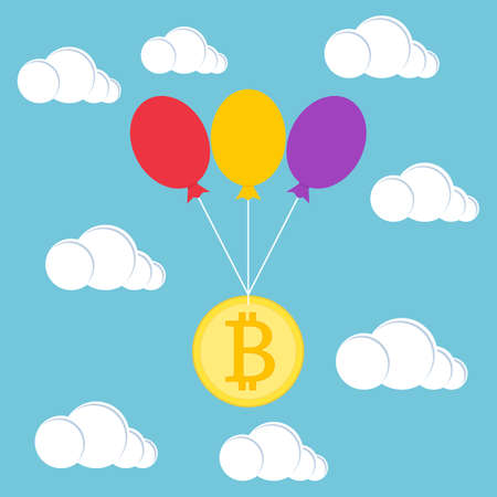 A gold coin with a bitcoin sign flies with balloons and clouds in the sky. Vector illustration.