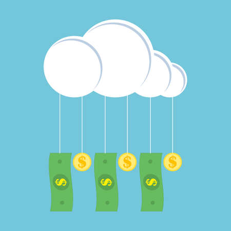 Gold coins and paper green dollars hang on a cloud. Vector illustration.のイラスト素材