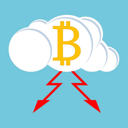 Bitcoin symbol with lightning on a thundercloud on blue sky background. Vector illustration.のイラスト素材
