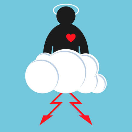 Silhouette of God in the sky, on a cloud with lightning and a red heart. Thundercloud with...