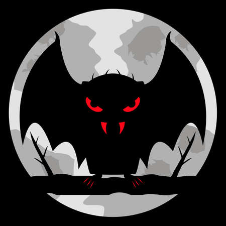 Vampire bat with bloody eyes, fangs and claws on a pale moon background. Sits on a branch. Cartoon character. Black silhouette. Vector illustration for halloween and other ideas.のイラスト素材