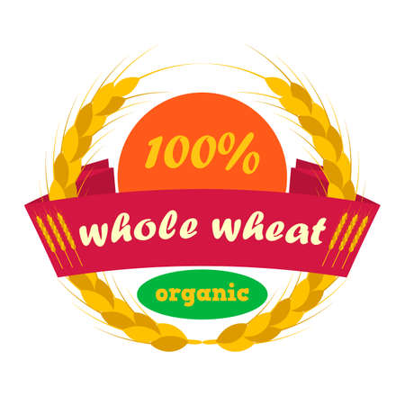 Wheat ears logo with sun. Ribbon with the inscription whole wheat. Round shapes. Green, orange, golden, yellow colors. Emblem, icon. Isolated vector illustration.のイラスト素材