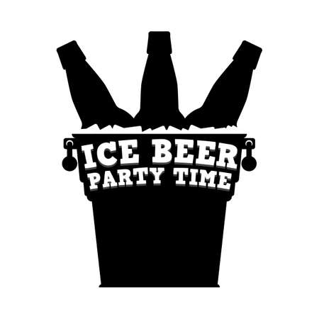 Ice beer and party time. Inscription on a metal bucket with bottles beer and ice cubes on white background. Vector illustration. Black silhouette.のイラスト素材