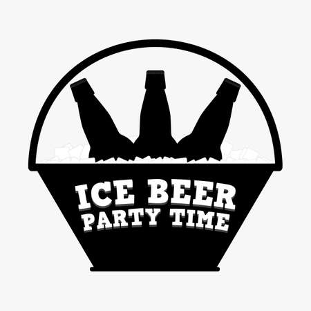 Ice beer and party time. Inscription on a basket with bottles beer and white ice cubes. Vector illustration. Black silhouette.のイラスト素材
