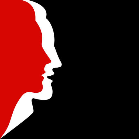 Silhouettes of faces of man and woman together on black background. Red and white colors. Vector illustration.のイラスト素材