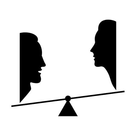 Silhouettes of the heads and faces of a man and a woman on the scales. Vector illustration.のイラスト素材