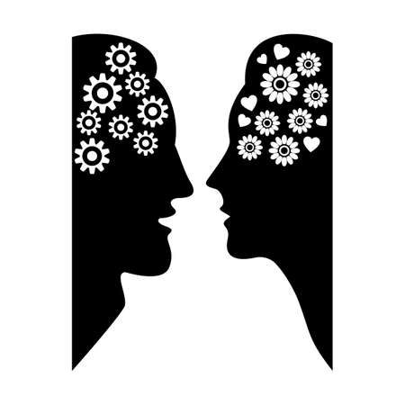 Man with gears and woman with flowers and hearts in heads. The concept of different thinking between a man and a woman. Black silhouettes of faces. Vector illustration.のイラスト素材