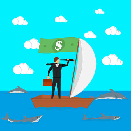 The concept of risks in business and management. A businessman on a sailing boat looks through a spyglass. The manager is surrounded by sharks. Vector illustration.のイラスト素材