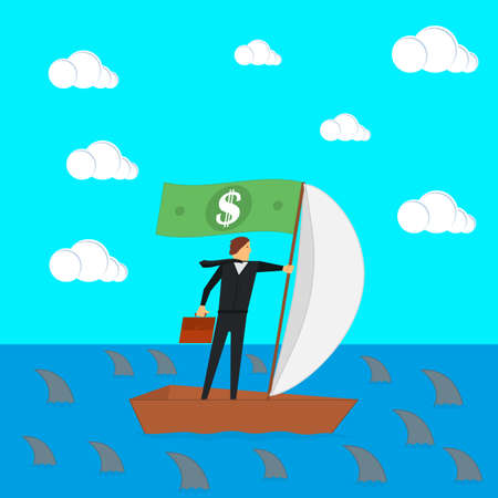 The concept of risks in business and management. Businessman on a sailing boat surrounded by sharks. Vector illustration.のイラスト素材