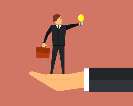 A large hand holds in the palms of a small office worker, employee or businessman in a suit with a glowing light bulb. The concept of assistance in the development of business, career and other ideas.のイラスト素材