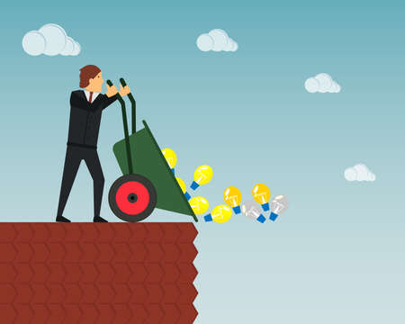 The concept of useless unrealized ideas and startups. The businessman throws many glowing and...