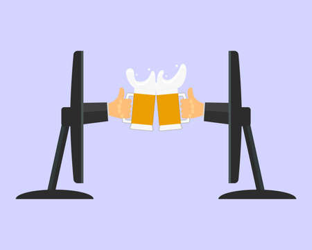 Two hands with mugs of beer protrude from computer screens and clink glasses. The concept of social distance, online communication, entertainment and friendship at a distance. Vector illustration.のイラスト素材