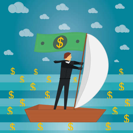 A businessman is sailing on a boat with a sail. Gold dollar signs float around. Money, finance, business concept. Marine ocean landscape. Vector illustration.のイラスト素材