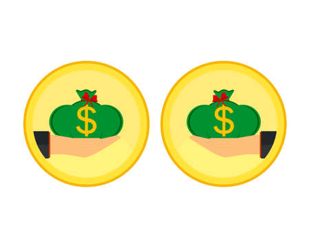 Hand with a bag of money on the background of gold coin. Vector illustration.のイラスト素材