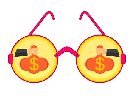 Hand holds a money bag with a dollar sign. Gold coins and pink round glasses. Vector illustration.のイラスト素材