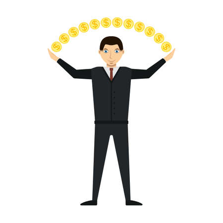 Man, businessman, leader, manager juggles with gold coins. Vector illustration.のイラスト素材