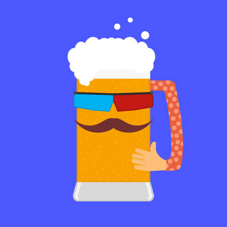Beer and cinema. Beer mug with a man's face and stereo glasses. Beer character with funny face, mustache and hand. Isolated vector illustration, icon.のイラスト素材