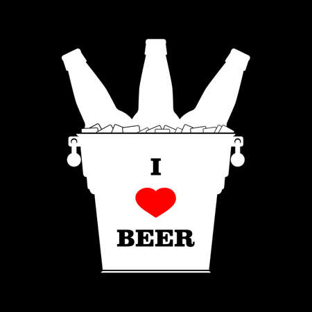 "I love beer" slogan on beer bucket with red heart. White silhouette. For t-shirt and beer glassware design, poster, packaging, print, web and other use. Isolated vector illustration, icon.のイラスト素材