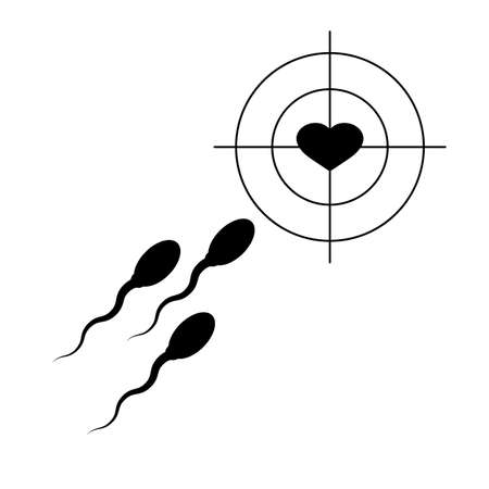 Male sperm, female heart and target, aim. Fertilization concept. Isolated vector illustration, icon on white background.のイラスト素材