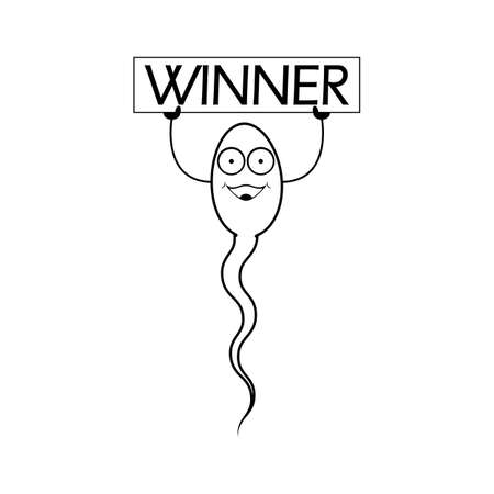 Sperm character with face is holding a sign with the lettering "winner". Isolated vector illustration, icon on white background.のイラスト素材