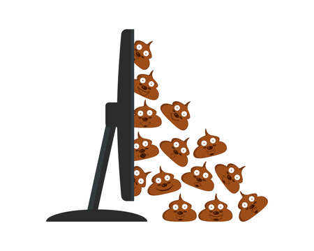 A lot of poop falls from the computer monitor screen. The concept of deception, fraud and false...