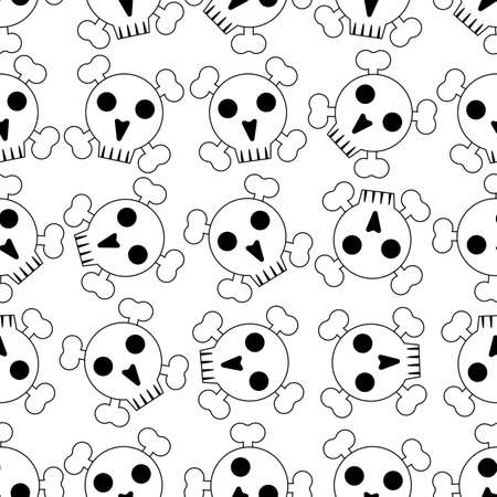 Vector seamless pattern, skull and crossbones background. Black and white outline and repeating illustration. Isolated line drawing.のイラスト素材