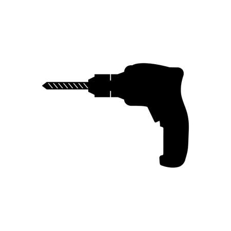 Portable electric hand drill silhouette drawing with bit. Black power drill icon. Isolated vector cartoon clipart on white blank background.のイラスト素材