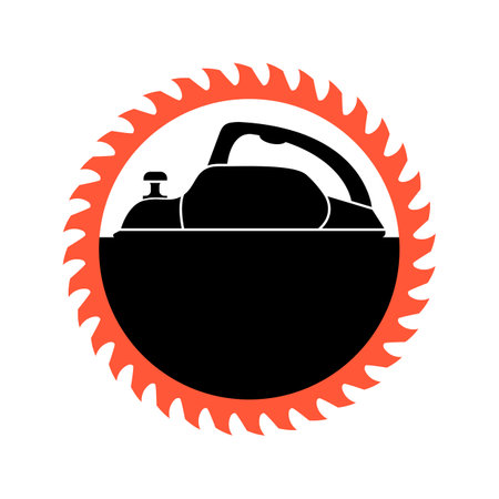 Woodworking and sawmill logo. Electric planer with circular saw blade for wood. Black silhouette. Isolated vector clipart. Drawing on white background.のイラスト素材