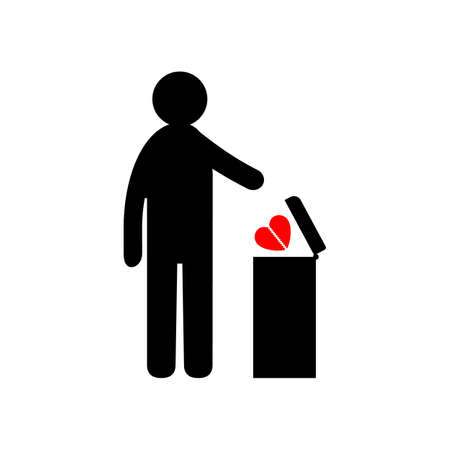 Man throws broken heart into trash can. Conceptual vector clipart and drawing. Isolated illustration on white background.のイラスト素材