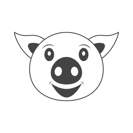 Head with face of cute pig icon and logo. Linear and outline vector cartoon illustration. Clipart and drawing on white background.のイラスト素材