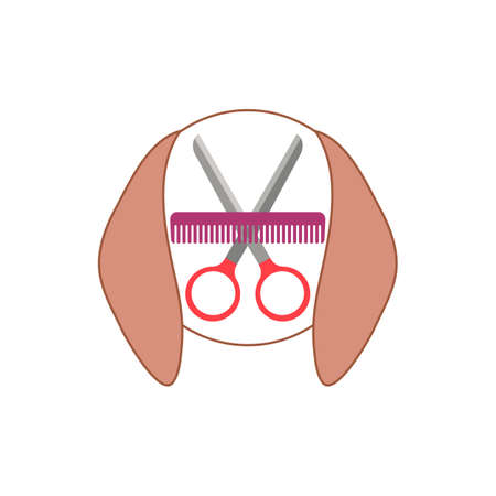 Dog grooming   design template. Dog head with comb and scissors. Vector clipart and drawing. Isolated illustration on white background.のイラスト素材