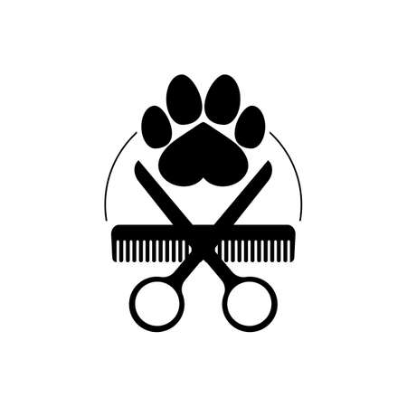 Dog grooming   design template. Dog pawprint with comb and scissors. Vector clipart and drawing. Isolated illustration on white background.のイラスト素材
