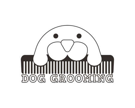 Dog grooming   design template. Outline and linear vector clipart and drawing. Black and white isolated illustration on white background.のイラスト素材