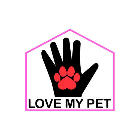 Love my pet   with dog pawprint, heart and human hand. Vector clipart and drawing. Design template and icon for animal protection, adoption, shelter, charity.のイラスト素材