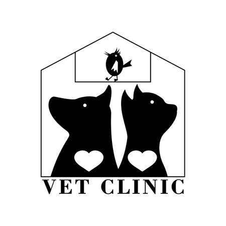 Vet clinic with dog, cat and bird. Vector clipart and drawing. Isolated template on white background.のイラスト素材