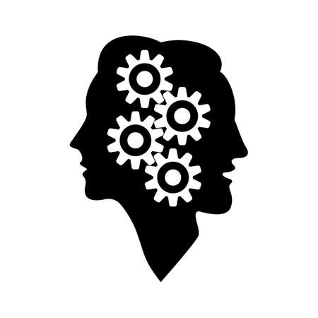 Gear wheel symbol in the head of a thinking silhouette woman and man. Mental health design template. Vector clipart and drawing. Black and white isolated illustration.のイラスト素材