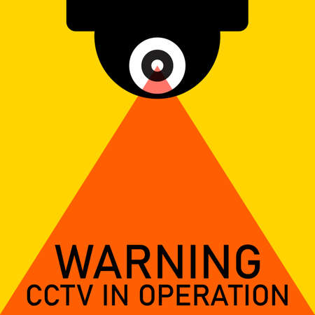 Cctv in operation warning sign. Security video round camera surveillance. Vector clipart and drawing. Black silhouette on yellow background.のイラスト素材