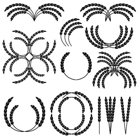Set of wheat wreaths and grain spikes. Illustrations and pictograms. Black and white vector clipart and drawings.のイラスト素材