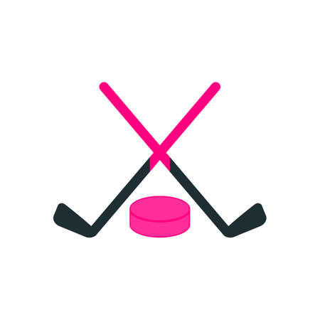 Pink hockey puck and two crossed sticks  icon. Vector drawing on white background.のイラスト素材