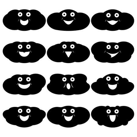 Silhouettes clouds set with funny smile and happy cartoon faces. Template for different design ideas. Isolated vector drawings on white background.のイラスト素材