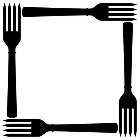 Square frame of four dinner forks on blank background. Food theme. Space for logo, menu, text, template for design. Vector illustration and drawing. Black and white silhouette.のイラスト素材