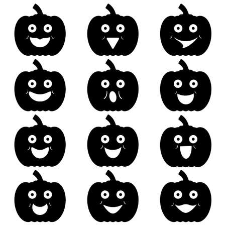 Pumpkin cartoon icons with faces. Set of character silhouettes. Cute, funny and happy vector illustrations and vegetables on a white background.のイラスト素材