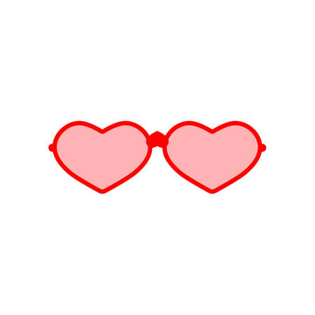 Love heart glasses. Red sunglasses with pink lenses heart shape. Vector clipart on white background. Isolated illustration.のイラスト素材