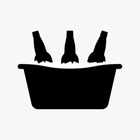 Beer bottles in a metal tub with ice cubes. Black silhouette. Vector picture and simple icon.のイラスト素材