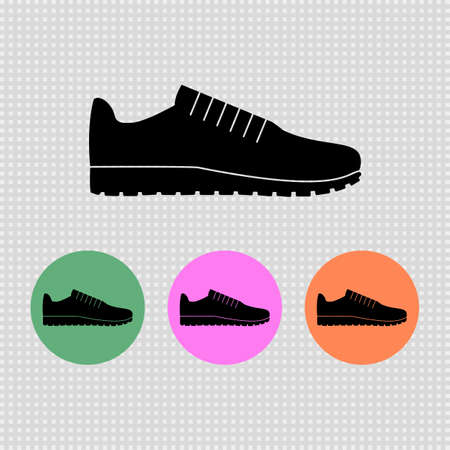 Sneakers simple icon and round icons with sport shoes. Isolated vector illustration and clipart with training, running and fitness footwear. Website colored elements.のイラスト素材